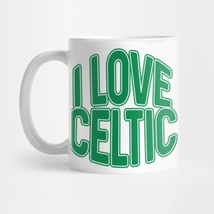 I LOVE CELTIC, Glasgow Celtic Football Club Green and White Text Design Mug